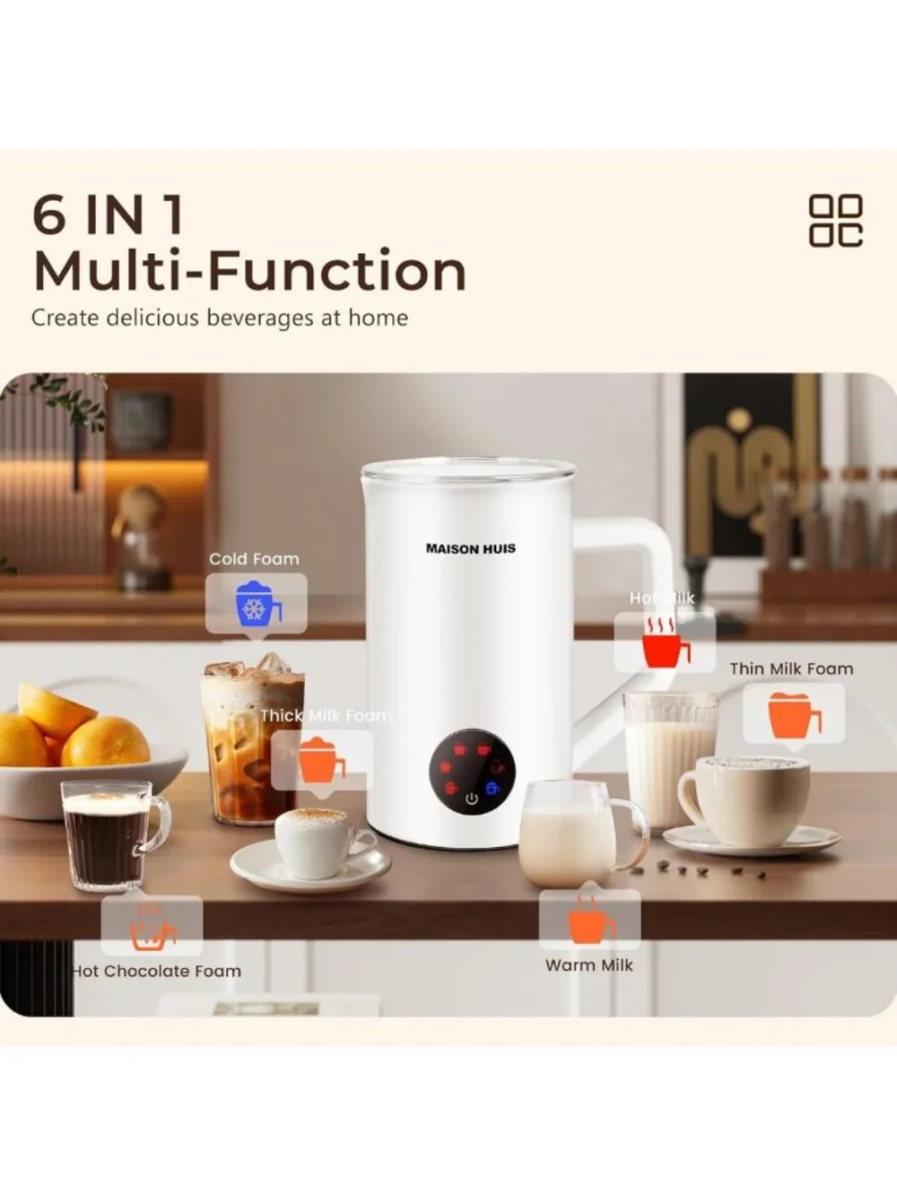 6-in-1 Electric Milk Frother & Steamer - 20oz Hot & Cold Foam Maker for Lattes